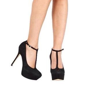 Sam Edelman Nivan Black Suede T Strap Platform Peep Toe Pump Heels